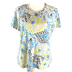 Laura Scott Women's T Shirt Size Medium Blue Yellow White Short Sleeve Round...